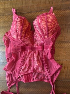 Lace Longline Adore Me Bustier and Thong Bottom in Pink-Red